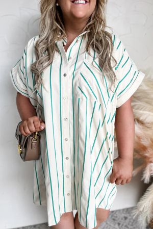 Plus Size Green Striped Short Sleeve Buttoned Shirt Dress - 100% Cotton
