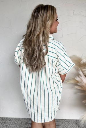 Plus Size Green Striped Short Sleeve Buttoned Shirt Dress - 100% Cotton
