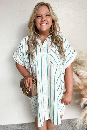 Plus Size Green Striped Short Sleeve Buttoned Shirt Dress - 100% Cotton