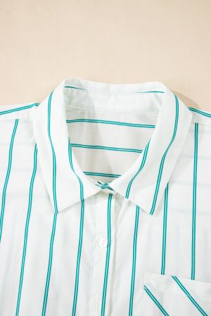 Plus Size Green Striped Short Sleeve Buttoned Shirt Dress - 100% Cotton