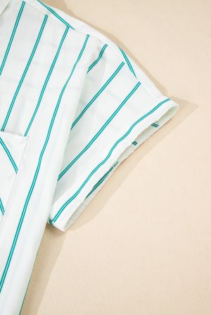 Plus Size Green Striped Short Sleeve Buttoned Shirt Dress - 100% Cotton