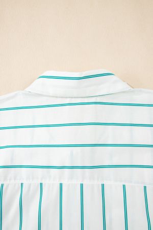 Plus Size Green Striped Short Sleeve Buttoned Shirt Dress - 100% Cotton