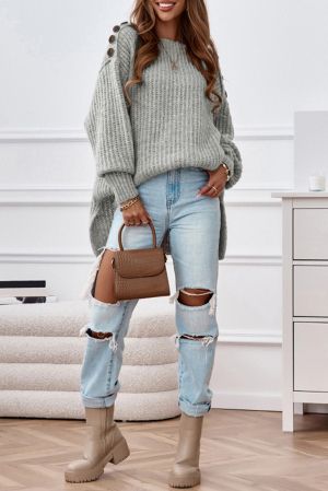 Light Grey Oversized Knitted Sweater with Shoulder Buttons and Side Slits