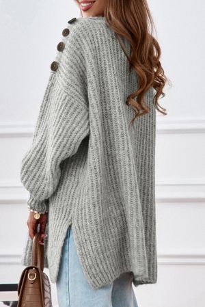 Light Grey Oversized Knitted Sweater with Shoulder Buttons and Side Slits