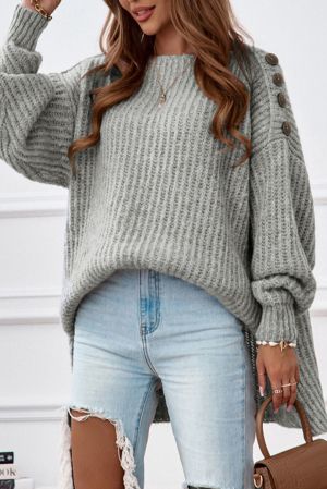 Light Grey Oversized Knitted Sweater with Shoulder Buttons and Side Slits