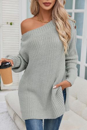 Light Grey Oversized Knitted Sweater with Shoulder Buttons and Side Slits