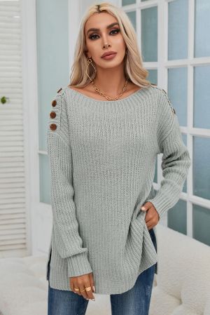 Light Grey Oversized Knitted Sweater with Shoulder Buttons and Side Slits