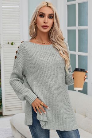 Light Grey Oversized Knitted Sweater with Shoulder Buttons and Side Slits