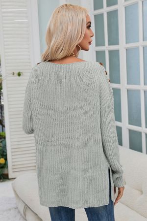 Light Grey Oversized Knitted Sweater with Shoulder Buttons and Side Slits