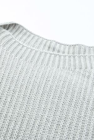 Light Grey Oversized Knitted Sweater with Shoulder Buttons and Side Slits