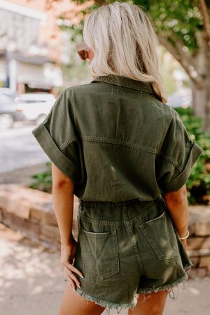 Olive Green Short Denim Romper with Pockets and Fringe Hem