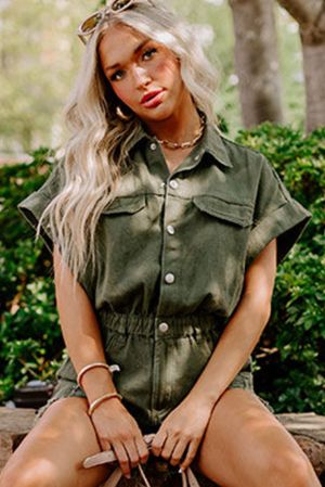 Olive Green Short Denim Romper with Pockets and Fringe Hem