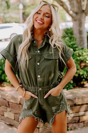 Olive Green Short Denim Romper with Pockets and Fringe Hem