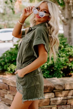 Olive Green Short Denim Romper with Pockets and Fringe Hem