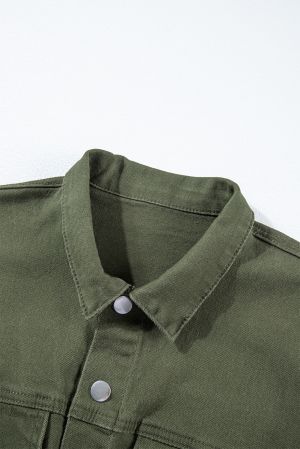 Olive Green Short Denim Romper with Pockets and Fringe Hem
