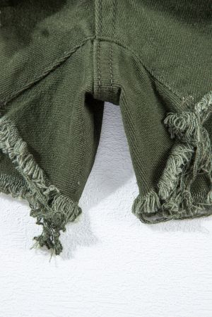 Olive Green Short Denim Romper with Pockets and Fringe Hem