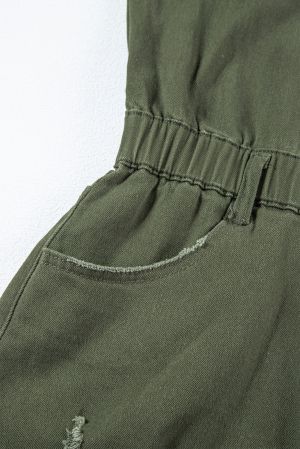 Olive Green Short Denim Romper with Pockets and Fringe Hem