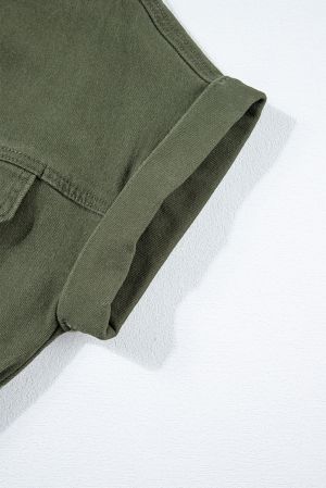 Olive Green Short Denim Romper with Pockets and Fringe Hem
