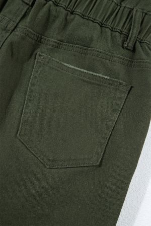 Olive Green Short Denim Romper with Pockets and Fringe Hem