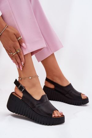 Black natural leather women’s sandals with practical black sole and comfortable platform