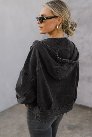 Дамско черно oversize дънково яке с качулка и големи джобове