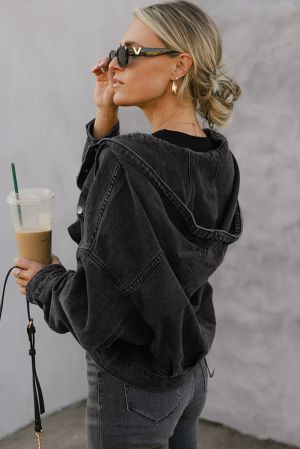 Дамско черно oversize дънково яке с качулка и големи джобове
