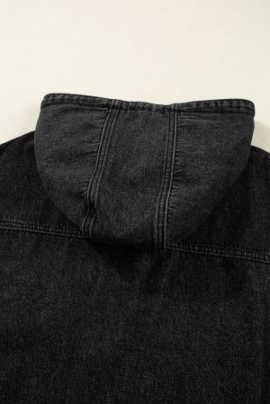 Дамско черно oversize дънково яке с качулка и големи джобове