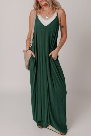 Green Spaghetti Straps Pocketed Slouchy Maxi Dress