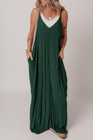 Green Spaghetti Straps Pocketed Slouchy Maxi Dress