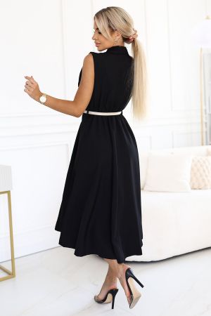 Elegant Black Midi Trench Coat Dress with Buttons and Belt
