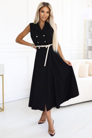 Elegant Black Midi Trench Coat Dress with Buttons and Belt