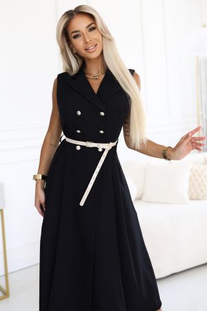 Elegant Black Midi Trench Coat Dress with Buttons and Belt