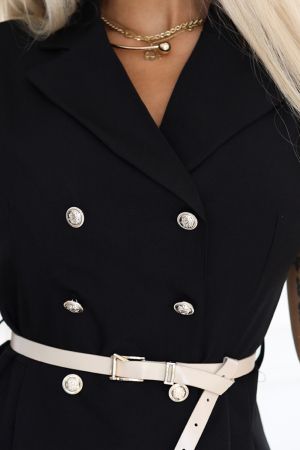 Elegant Black Midi Trench Coat Dress with Buttons and Belt