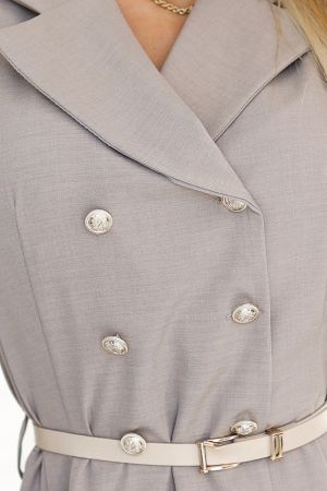 Elegant Gray Midi Trench Coat Dress with Buttons and Belt