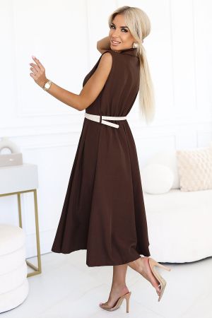 Elegant Brown Midi Trench Coat Dress with Buttons and Belt