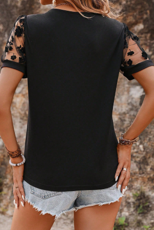 Black Floral Mesh Patchwork Loose V Neck Plus Size T Shirt