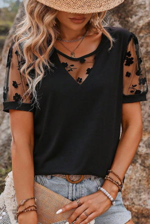 Black Floral Mesh Patchwork Loose V Neck Plus Size T Shirt