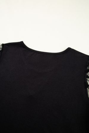 Black Floral Mesh Patchwork Loose V Neck Plus Size T Shirt