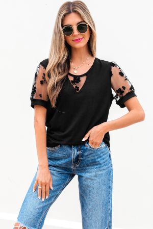 Black Floral Mesh Patchwork Loose V Neck Plus Size T Shirt