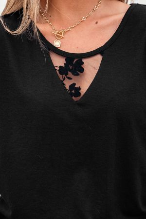 Black Floral Mesh Patchwork Loose V Neck Plus Size T Shirt