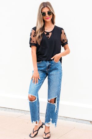 Black Floral Mesh Patchwork Loose V Neck Plus Size T Shirt