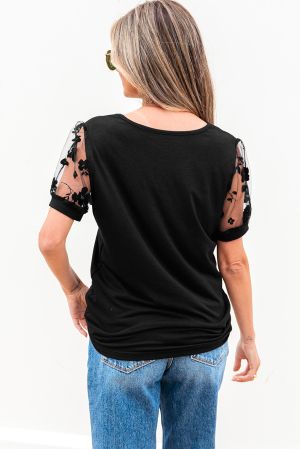 Black Floral Mesh Patchwork Loose V Neck Plus Size T Shirt