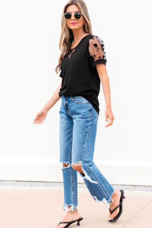 Black Floral Mesh Patchwork Loose V Neck Plus Size T Shirt