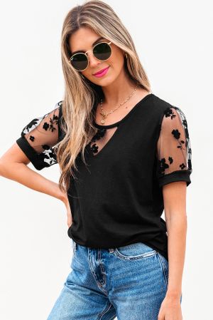 Black Floral Mesh Patchwork Loose V Neck Plus Size T Shirt