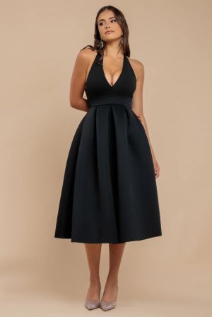 Elegant Contrast Midi Dress with Back Bow Detail