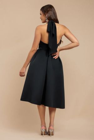 Elegant Contrast Midi Dress with Back Bow Detail