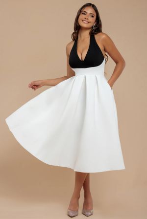 Elegant Contrast Midi Dress with Back Bow Detail