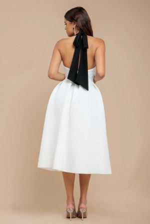 Elegant Contrast Midi Dress with Back Bow Detail
