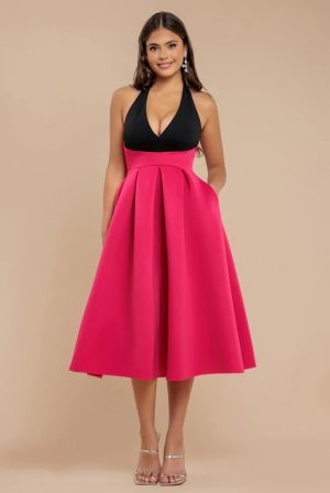 Elegant Contrast Midi Dress with Back Bow Detail
