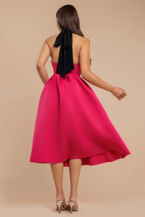 Elegant Contrast Midi Dress with Back Bow Detail